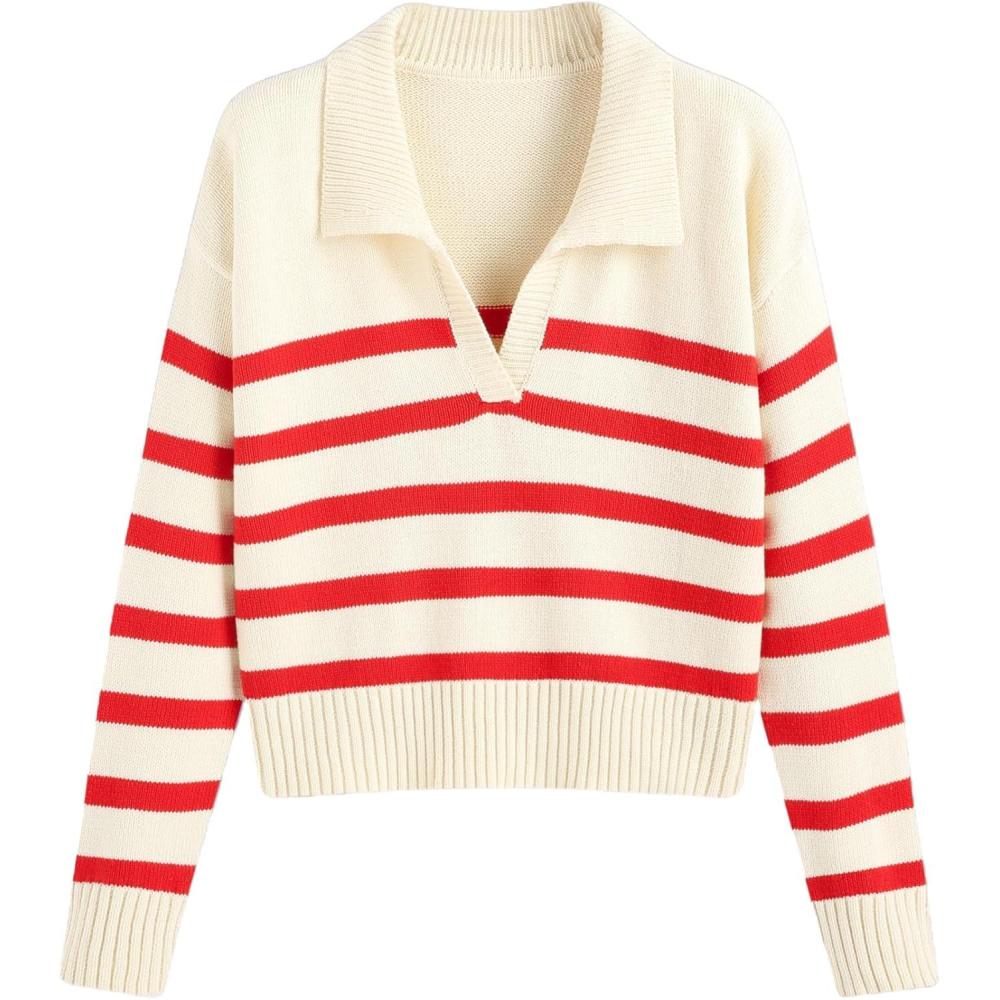 imageCIDER Womens Polo Sweater Striped Collared Lightweight Long Sleeve V Neck Pullover Fall Sweater Tops 2024Red