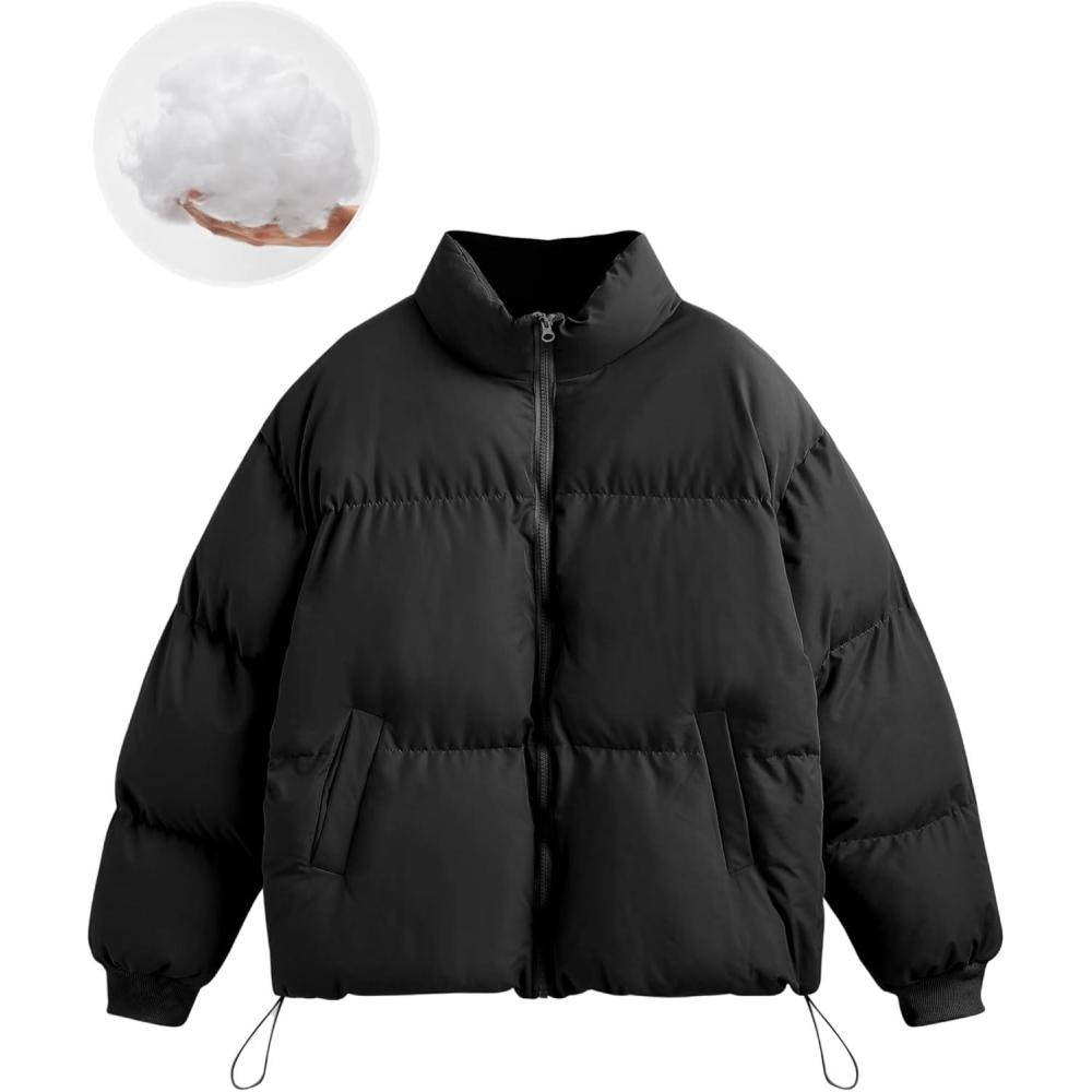 imageCIDER Womens Quilted Puffer Jacket Cropped Long Sleeve Stand Collar Zip Up Trendy Winter Oversized CoatBlack