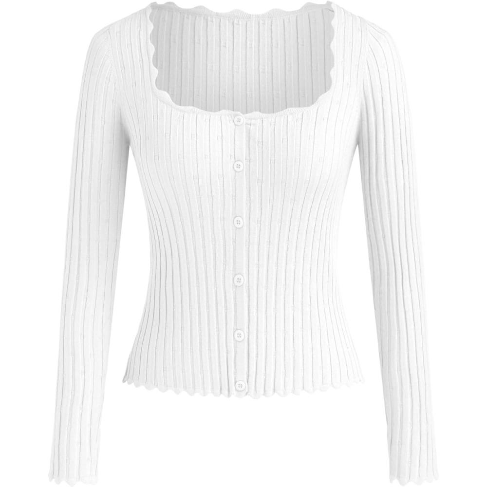 imageCIDER Womens Ribbed Knit Crop Cardigan Long Sleeve Square Neck Button Down Shirts Slim it TopsWhite