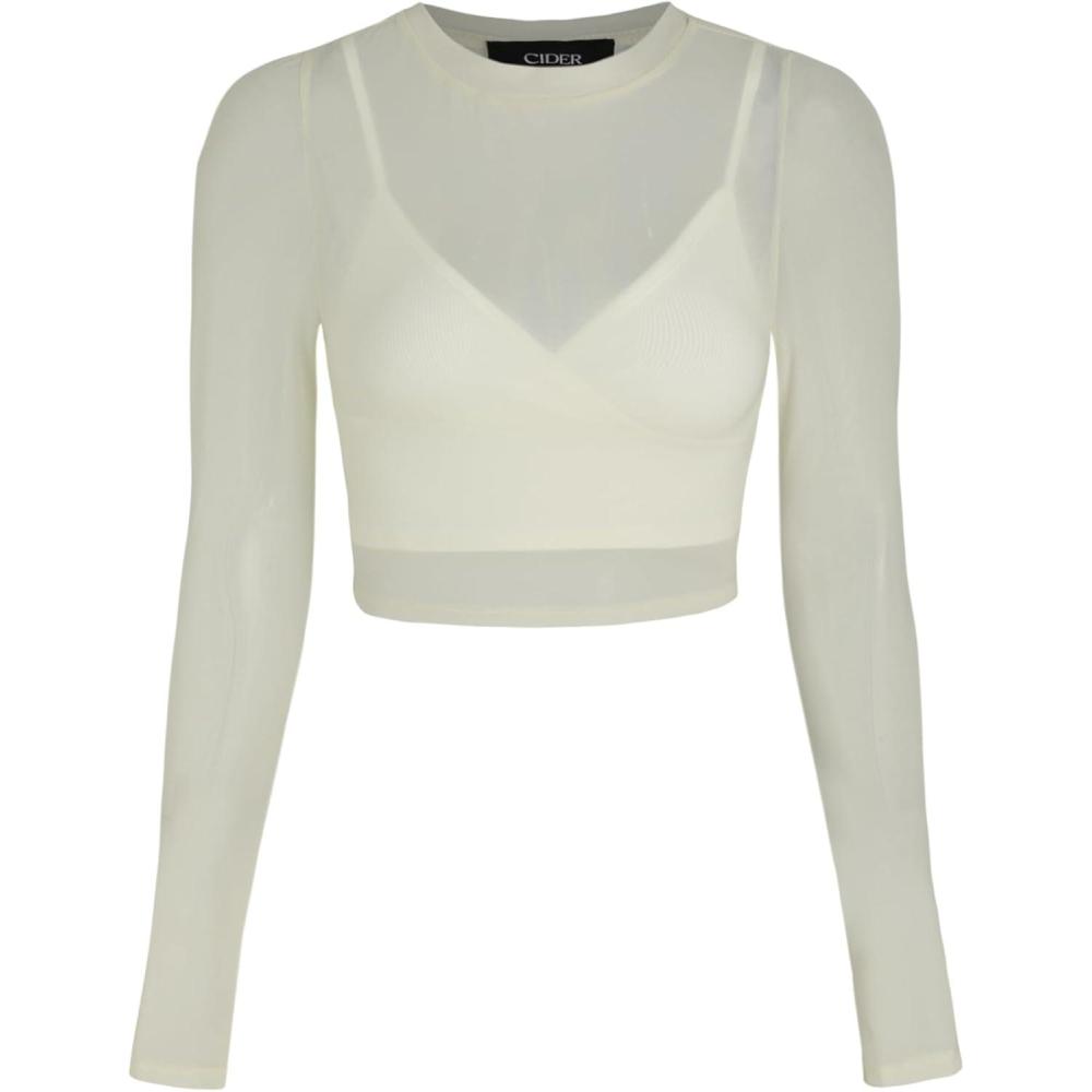imageCIDER Womens Sheer Long Sleeve Mesh Crop Top ampamp Tank Top ShirtsBeige