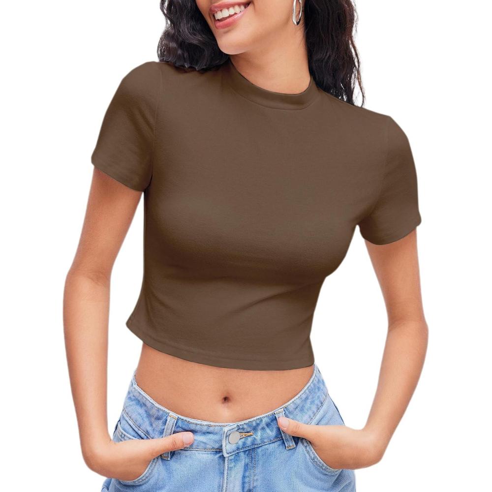 imageCIDER Womens Short Sleeve Shirts Summer Crop Tops Crewneck T Shirt Basic Baby Tees Going Out Tops Slim Fit Y2K ClothesBrown