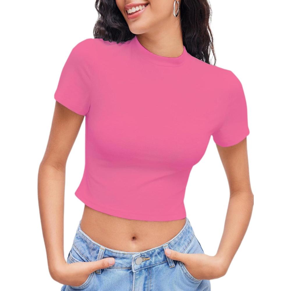 imageCIDER Womens Short Sleeve Shirts Summer Crop Tops Crewneck T Shirt Basic Baby Tees Going Out Tops Slim Fit Y2K ClothesPink