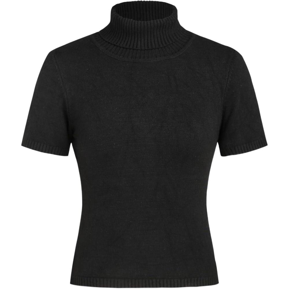 imageCIDER Womens Short Sleeve Turtleneck Tops Cute Knit Slim Fit Sweater Blouses Basic TeeBlack