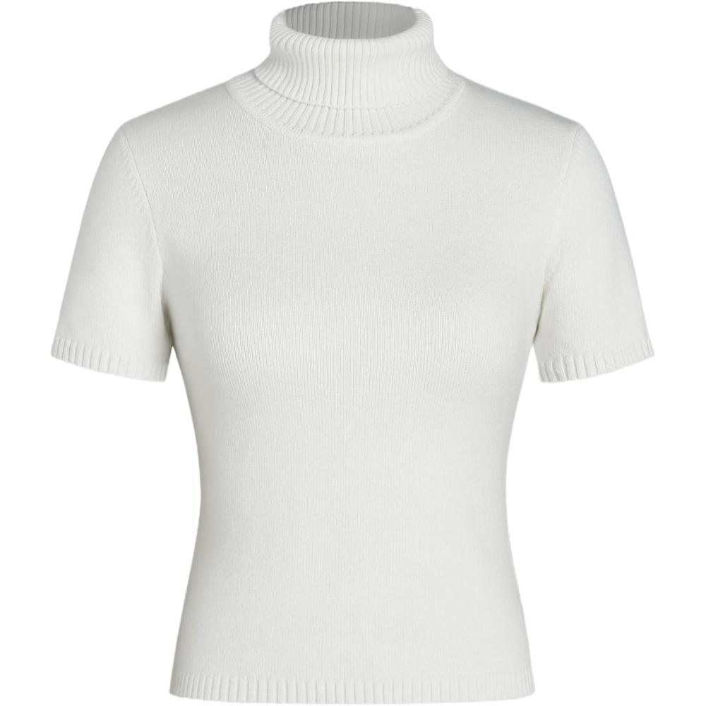 imageCIDER Womens Short Sleeve Turtleneck Tops Cute Knit Slim Fit Sweater Blouses Basic TeeWhite