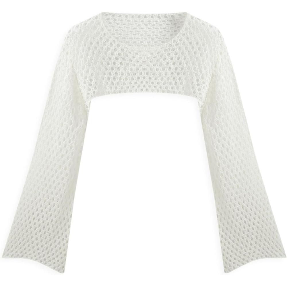 imageCIDER Womens Shrugs Mesh Crop Tops Bolero Hollow Out Long Sleeve Crochet Sweater BoleroPlus White
