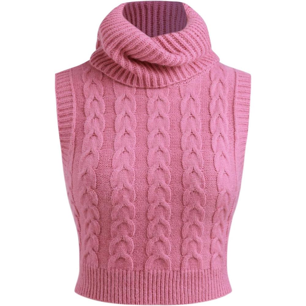 imageCIDER Womens Sleeveless Sweater Tops Turtle Necks Cable Knit Croped Vest Tank TopPink
