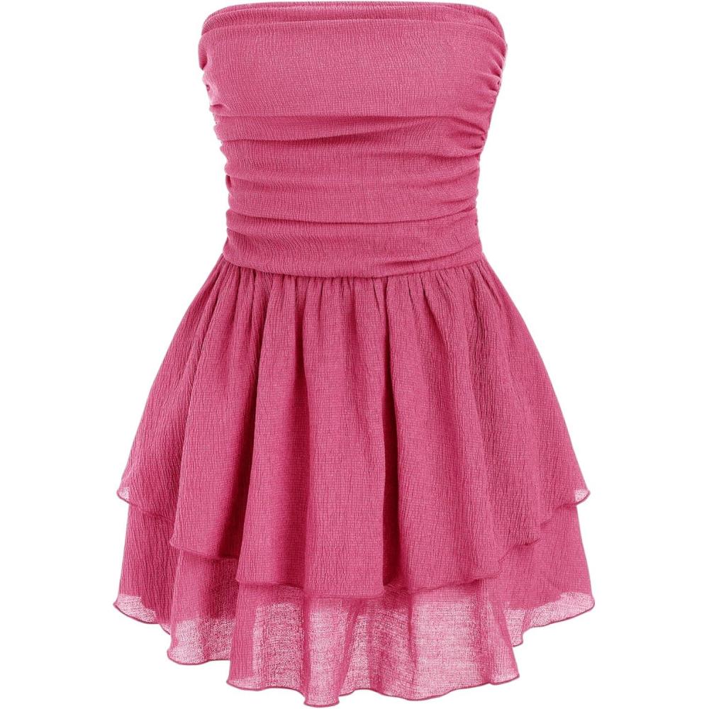 imageCIDER Womens Summer Cocktail Dress  Tube Ruched Ruffle Mini DressCarmine