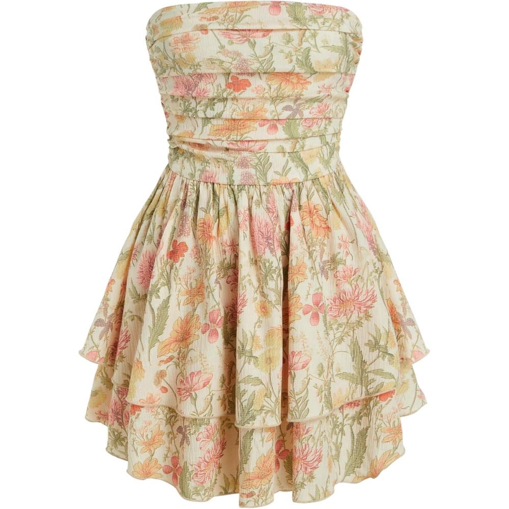 imageCIDER Womens Summer Cocktail Dress  Tube Ruched Ruffle Mini DressFloral Beige