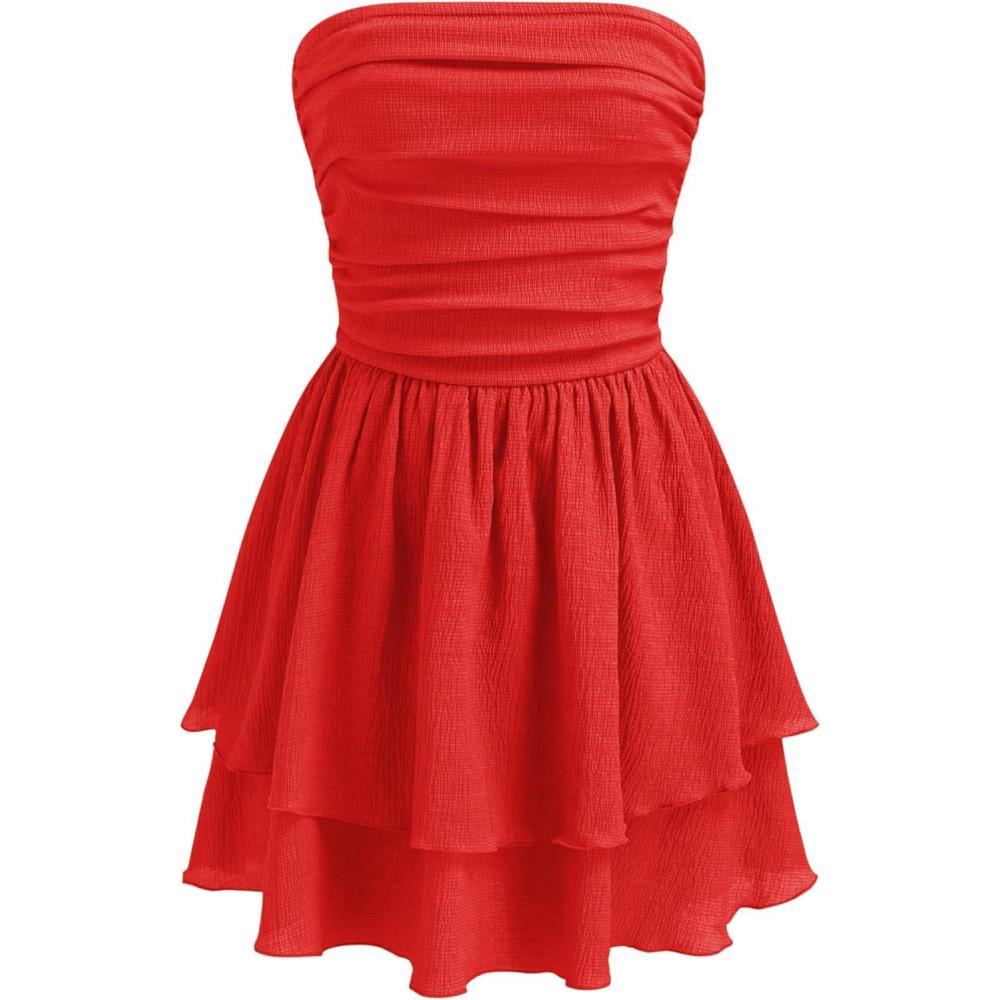 imageCIDER Womens Summer Cocktail Dress  Tube Ruched Ruffle Mini DressRed