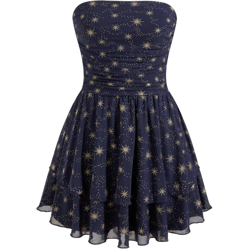 imageCIDER Womens Summer Cocktail Dress  Tube Ruched Ruffle Mini DressStar Blue