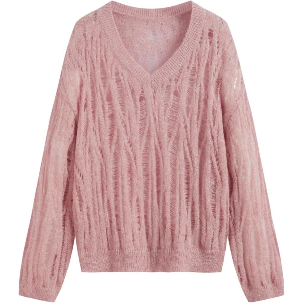 imageCIDER Womens Sweater Hollow Out V Neck Long Sleeve Knit Cute Casual Lightweight Pullover Sweater TopsPink