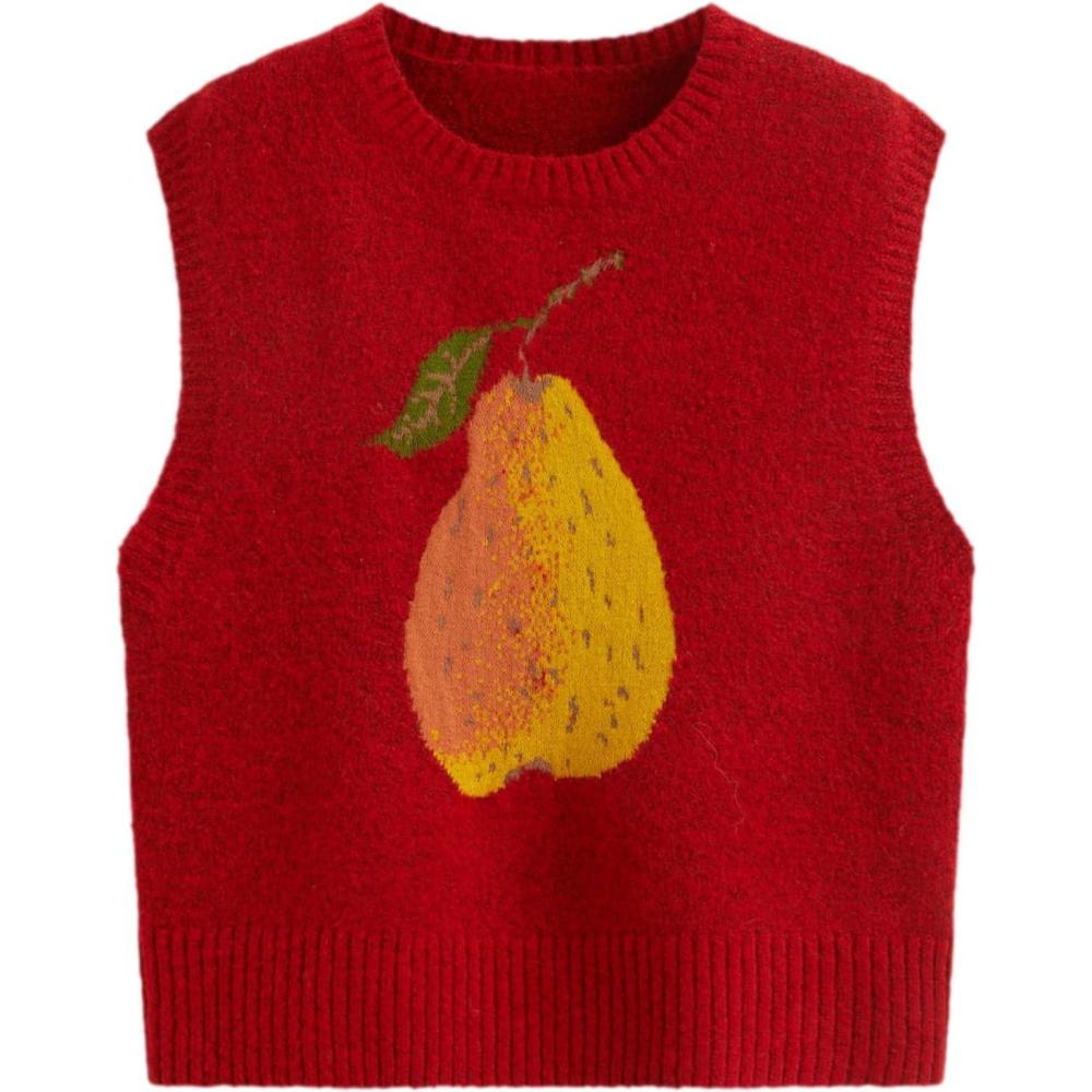 imageCIDER Womens Sweater Vest Knit Sleeveless Pear Cute Graphic Sweater Vest Tank Top Fall OutfitsRed