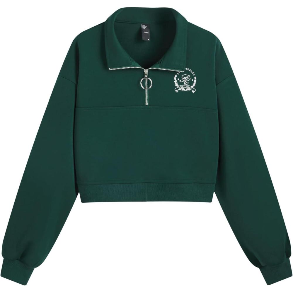 imageCIDER Womens Sweatshirt Half Zip Pullover Cropped Long Sleeve Graphic Zip Up Casual Fall Winter OutfitsDark Green