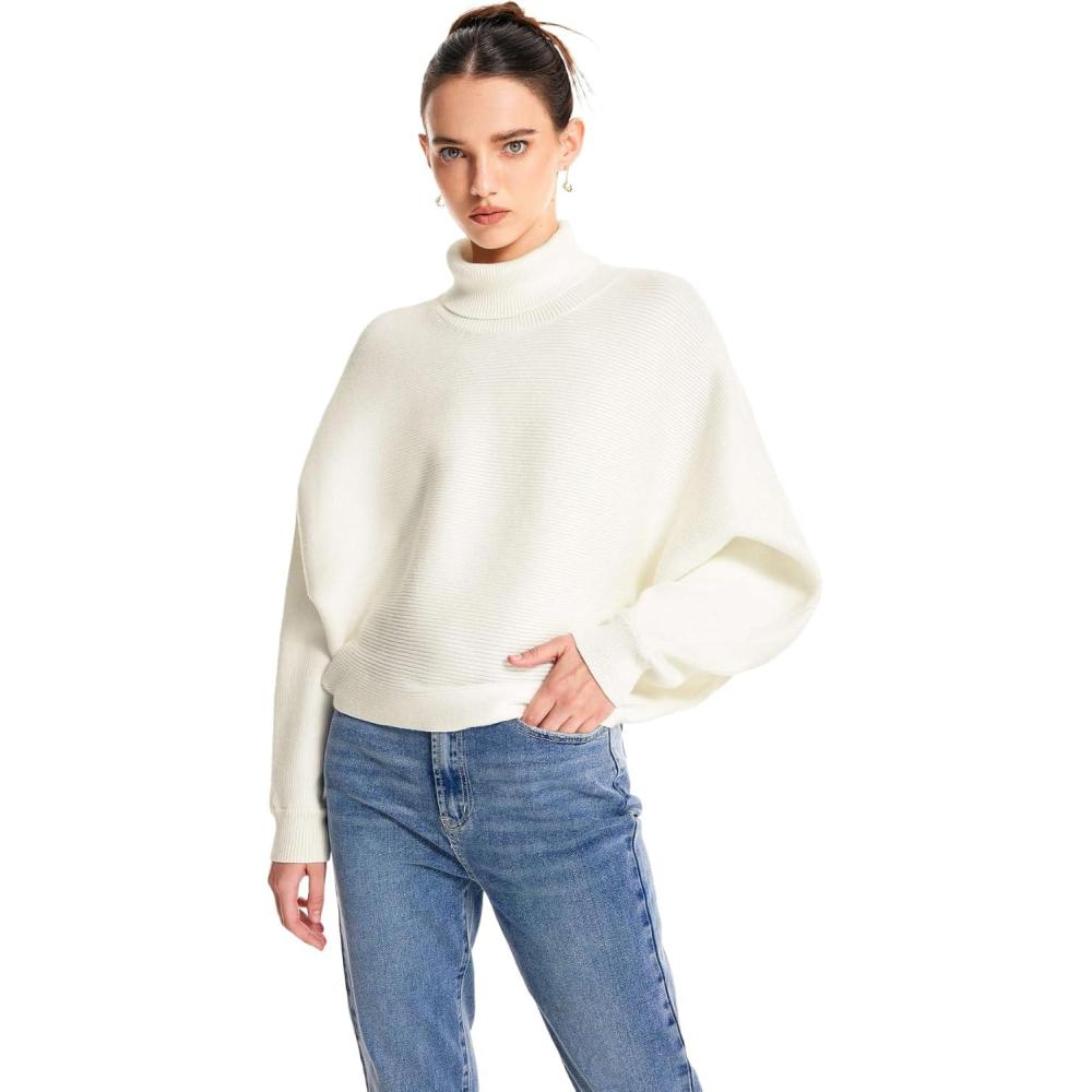 imageCIDER Womens Turtleneck Long Sleeve Oversized Trendy Pullover Sweater Jumper Fall TopsIvory