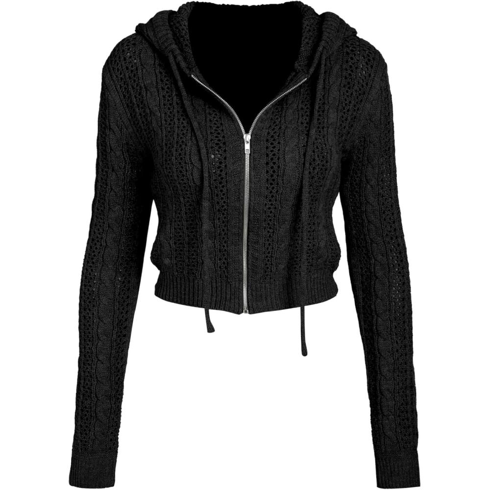 imageCIDER Womens Zip Up Hoodie Crop Top Hollow Out Knitted Long Sleeve Cardigan Jacket SweatshirtBlack