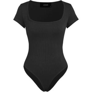CIDER Bodysuits For Women Square Neck Short Sleeve Sexy Going Out Tops Basic Tee Shirts Streetwear(Black)