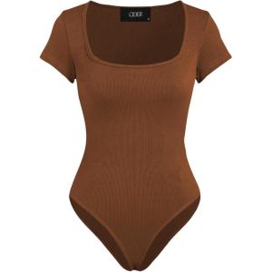 CIDER Bodysuits For Women Square Neck Short Sleeve Sexy Going Out Tops Basic Tee Shirts Streetwear(Brown)