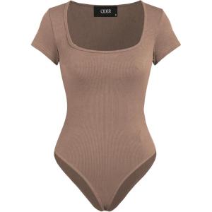 CIDER Bodysuits For Women Square Neck Short Sleeve Sexy Going Out Tops Basic Tee Shirts Streetwear(Camel)