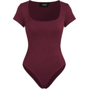 CIDER Bodysuits For Women Square Neck Short Sleeve Sexy Going Out Tops Basic Tee Shirts Streetwear(Carmine)