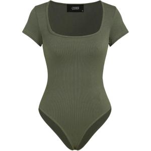 CIDER Bodysuits For Women Square Neck Short Sleeve Sexy Going Out Tops Basic Tee Shirts Streetwear(Green)