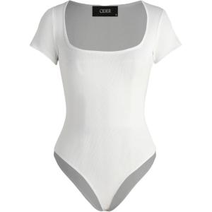 CIDER Bodysuits For Women Square Neck Short Sleeve Sexy Going Out Tops Basic Tee Shirts Streetwear(White)
