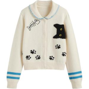 CIDER Cardigan Sweater for Women Knitted Long Sleeve Collared Cat Cute Pattern Button Down Crop Tops(White)