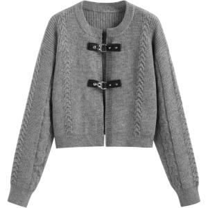 CIDER Cardigan Sweater for Women Round Neck Buckle Sweater Knitted Crop Top Long Sleeve Open Front Outerwear(Grey)