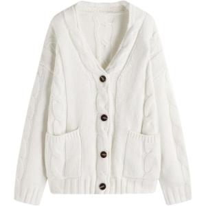CIDER Cardigan Sweater for Women V Neck Cable Knit Long Sleeve Button Down Tops with Pockets(White)