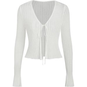 CIDER Cardigans for Women Trendy Bow Tie Front V Neck Long Sleeve Lightweight Shrug Sweater Ribbed Knit Crochet Cardigans(White)