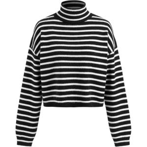 CIDER Cropped Sweaters for Women Turtleneck Sweater Long Sleeve Ribbed Knit Lantern Sleeve Pullover Fall Outfits(Black & White)