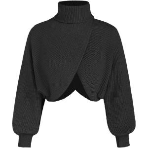 CIDER Cropped Sweaters for Women Turtleneck Sweater Long Sleeve Ribbed Knit Lantern Sleeve Pullover Fall Outfits(Black)