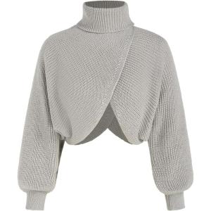 CIDER Cropped Sweaters for Women Turtleneck Sweater Long Sleeve Ribbed Knit Lantern Sleeve Pullover Fall Outfits(Grey)