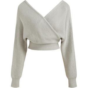 CIDER Cropped Sweaters for Women V Neck Wrap Cross Front Solid Knit Pullover Long Sleeve Tops(Grey)