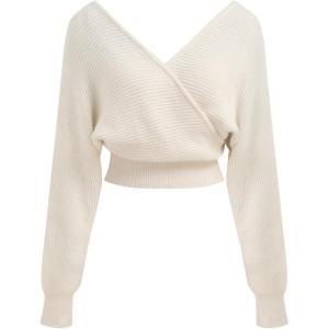 CIDER Cropped Sweaters for Women V Neck Wrap Cross Front Solid Knit Pullover Long Sleeve Tops(Ivory)
