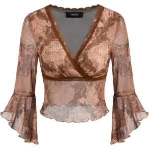 CIDER Knit V-Neck Graphic Middle Sleeve Crop Top(Coffee)