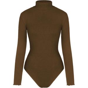 CIDER Long Sleeve Body Suits for Women – Mock Turtleneck Solid Going Out Tops Stretchy Bodysuit Jumpsuit Winter Spring(Tan)