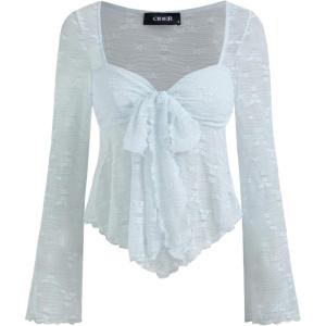 CIDER Mesh Tops Women Lace Square Neck Knotted Y2K Bell Sleeve Going Out Crop Top T Shirts(Baby Blue)