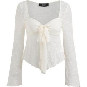 CIDER Mesh Tops Women Lace Square Neck Knotted Y2K Bell Sleeve Going Out Crop Top T Shirts(Beige)