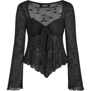 CIDER Mesh Tops Women Lace Square Neck Knotted Y2K Bell Sleeve Going Out Crop Top T Shirts(Black)