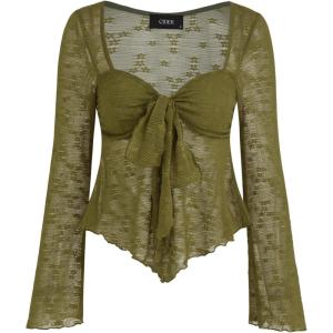 CIDER Mesh Tops Women Lace Square Neck Knotted Y2K Bell Sleeve Going Out Crop Top T Shirts(Olive Green)