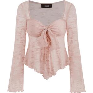 CIDER Mesh Tops Women Lace Square Neck Knotted Y2K Bell Sleeve Going Out Crop Top T Shirts(Pink)