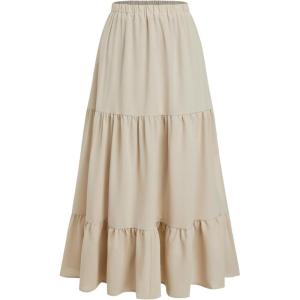 CIDER Midi Skirts for Women Split Hem Elastic High Waistd Boho Flowy Long Maxi Skirts(Beige)