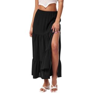CIDER Midi Skirts for Women Split Hem Elastic High Waistd Boho Flowy Long Maxi Skirts(Black)