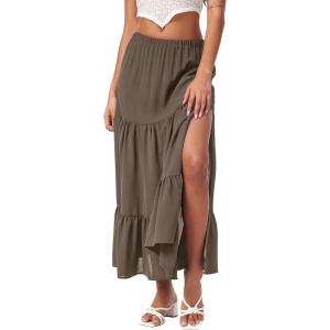 CIDER Midi Skirts for Women Split Hem Elastic High Waistd Boho Flowy Long Maxi Skirts(Coffee)