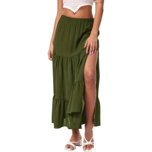 CIDER Midi Skirts for Women Split Hem Elastic High Waistd Boho Flowy Long Maxi Skirts(Green)