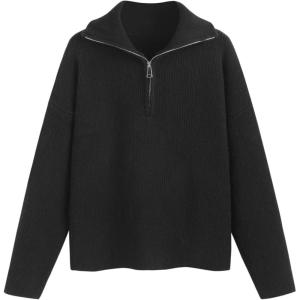CIDER Quarter Zip Pullover Sweaters for Women Trendy V Neck Long Sleeve Fall Sweaters Solid Knit Chunky Sweater(Black)