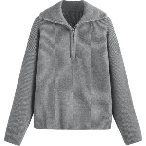 CIDER Quarter Zip Pullover Sweaters for Women Trendy V Neck Long Sleeve Fall Sweaters Solid Knit Chunky Sweater(Grey)