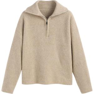 CIDER Quarter Zip Pullover Sweaters for Women Trendy V Neck Long Sleeve Fall Sweaters Solid Knit Chunky Sweater(Khaki)