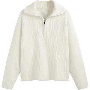 CIDER Quarter Zip Pullover Sweaters for Women Trendy V Neck Long Sleeve Fall Sweaters Solid Knit Chunky Sweater(White)