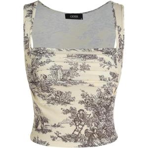 CIDER Women Square Neck Tank Tops Sleeveless Ruched Floral Cute Going Out Summer Trendy Crop Top(Brown)